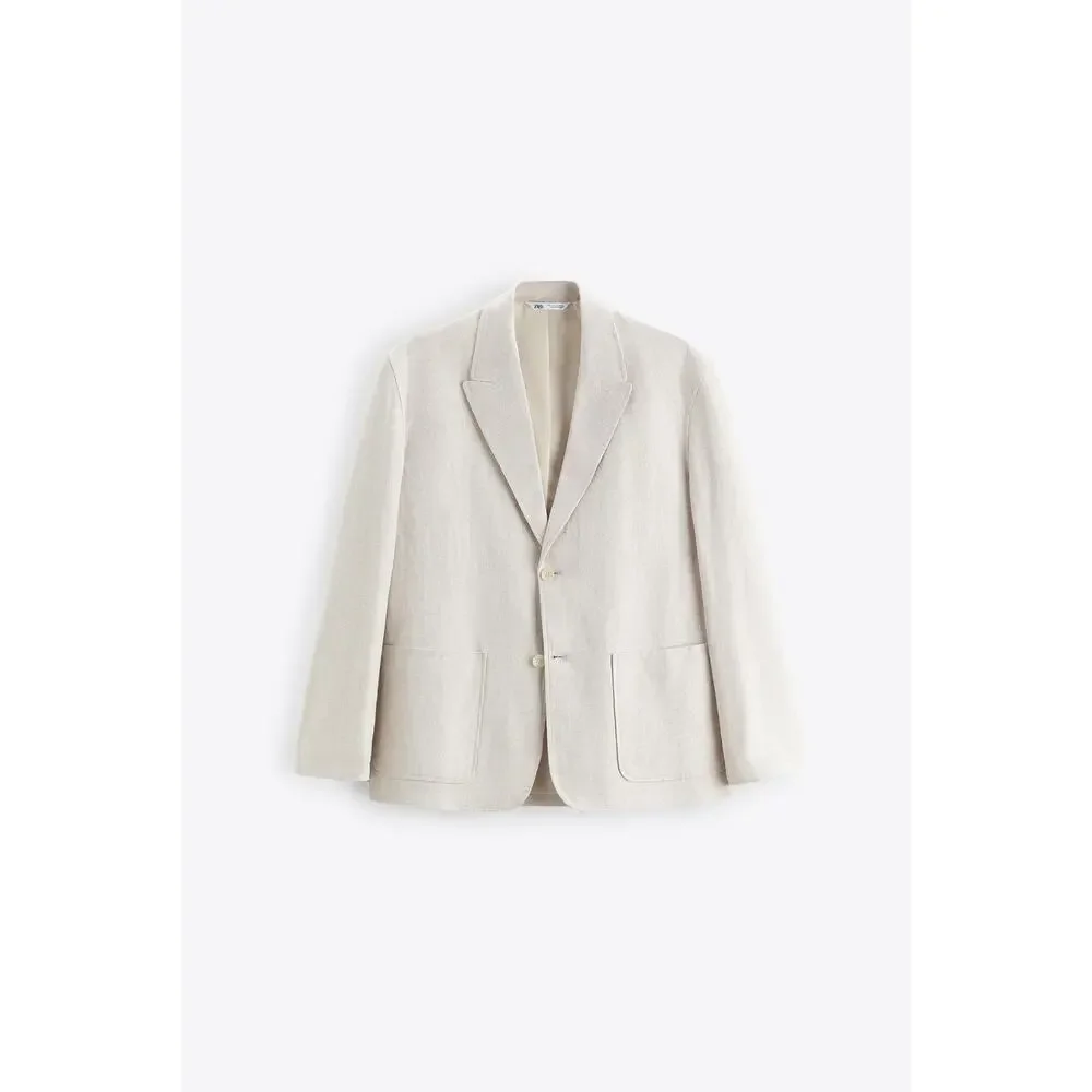 ZARA Linen Blend Sports Coat Blazer Jacket Ivory Cream Size Large
